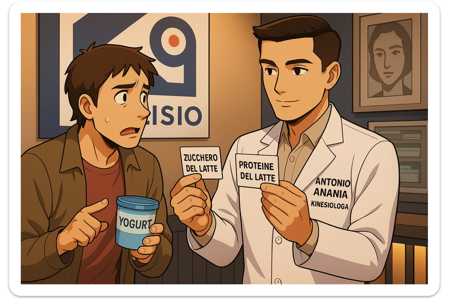 fai un webtoon manga a colori con questo stile, in cui un uomo ASCOLTA Il kinesiologo con il camice bianco (fagli anche la scritta "ANTONIO ANANIA" SUL CAMICE, IL KINESIOLOGO SPIEGA ALL'UOMO UNA COSA TENENDO DUE FOGLIETTINI IN MANO, UNO CON LA SCRITTA "ZUCCHERO DEL LATTE" E UNA CON LA SCRITTA "PROTEINE DEL LATTE". L'UOMO OSSERVA LO YOGURT CHE HA IN MANO CON ESPRESSIONE DUBBIOSA IN VOLTO. non fare i fumetti però, fai solo in modo che sembri stiano parlando sticker