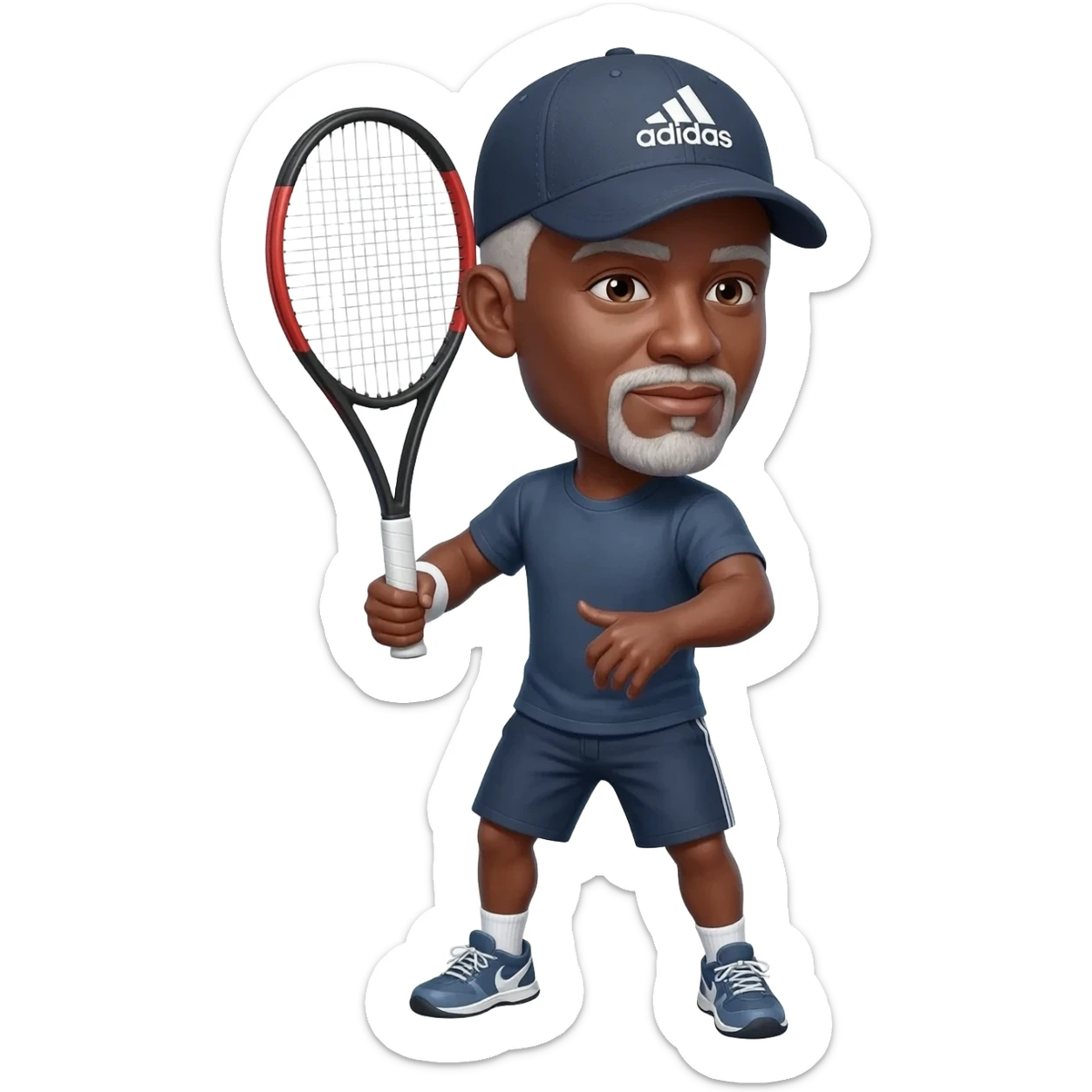 Right handed adult black male Tennis player bald male white short beard and mustache one demonstrating handed backhand wearing an adidas baseball cap on backwards sticker