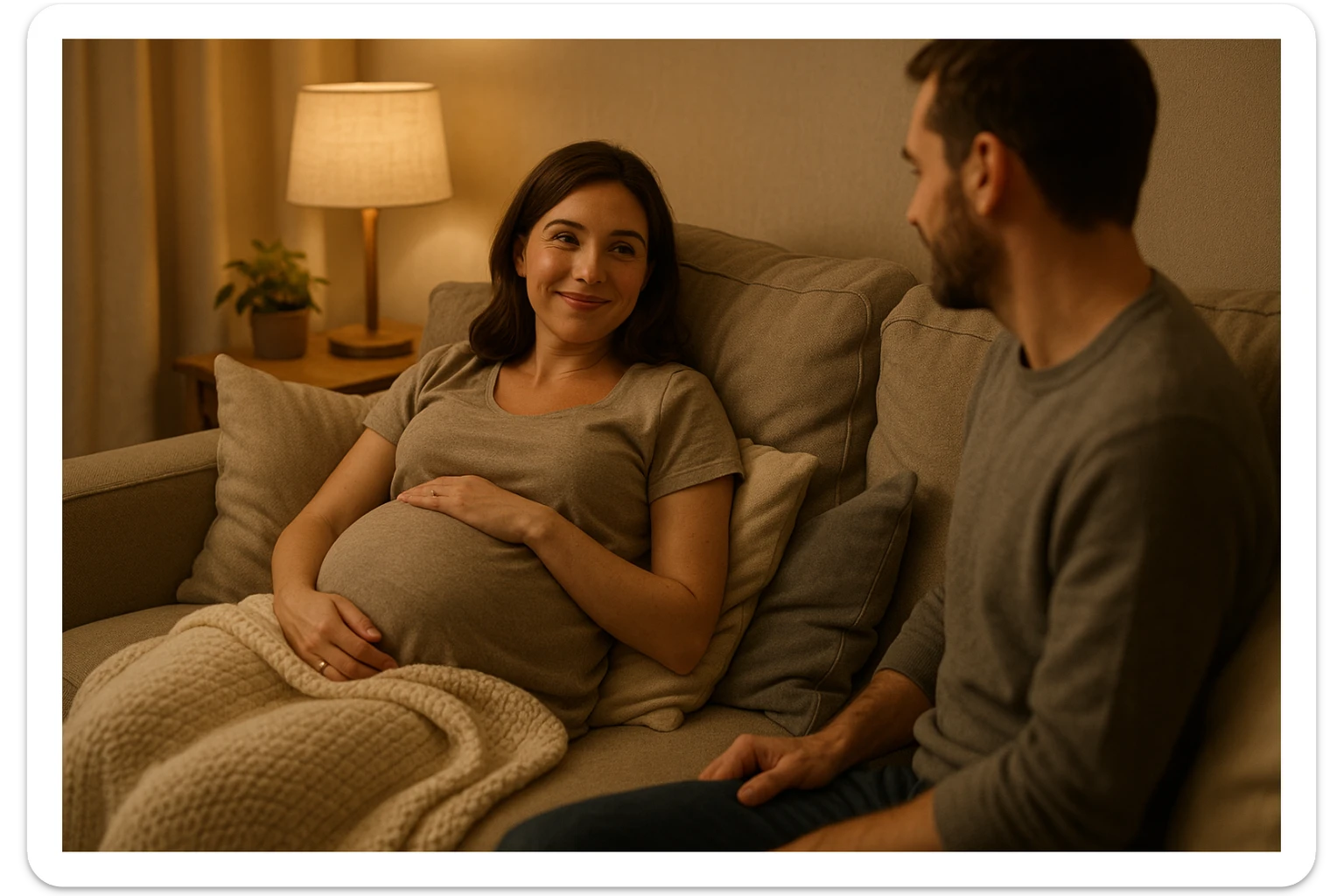 The pregnant wife resting comfortably on the living room couch, watching her husband with a grateful smile, soft pillows and a blanket, peaceful and warm home atmosphere. sticker