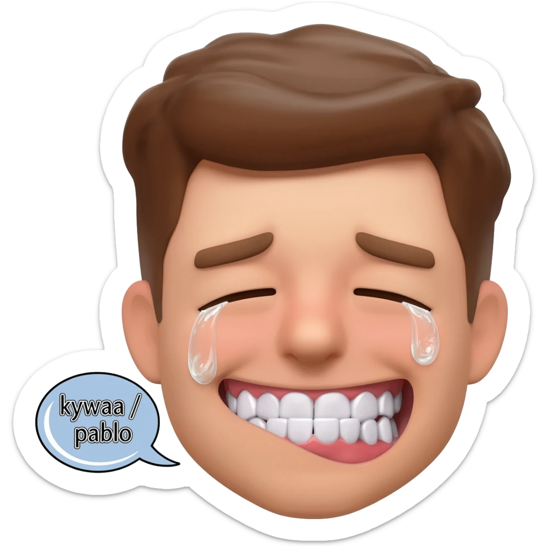 Crying laughing face with rotten teeth with a text bubble beside it saying kywaa / pablo and it is super realistic sticker