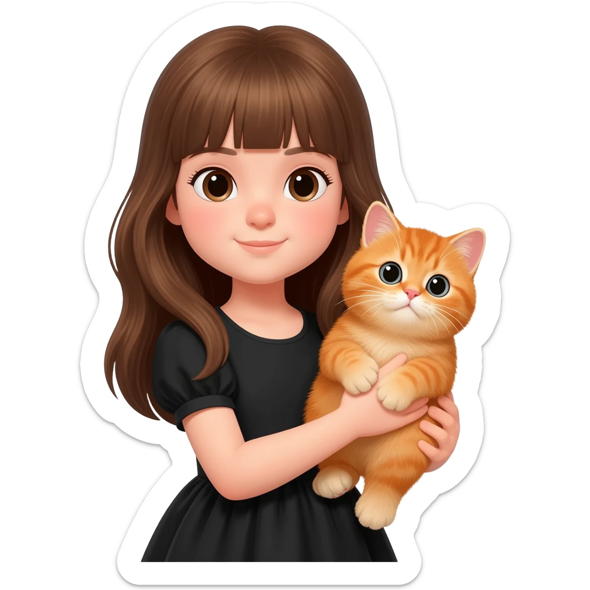british Baby cat orange with girl long brown hair And black dress and bang hair sticker