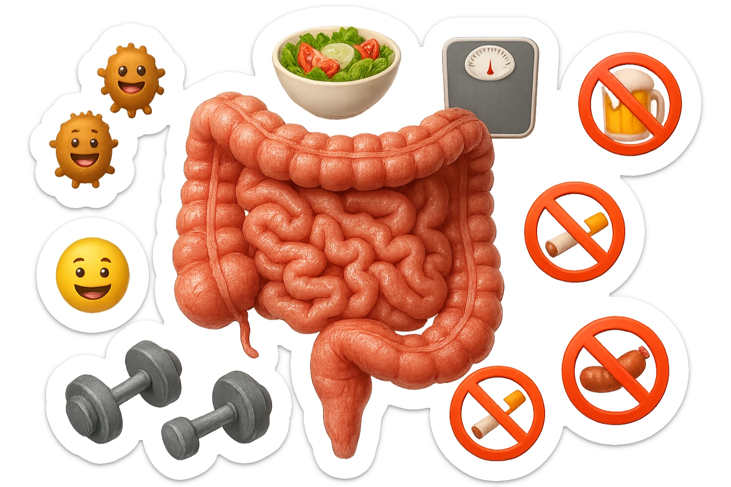 intestino umano anatomico realistico al centro, intorno al quale ruotano emoji stile iphone di: due batteri intestinali felici, una bowl di insalata, una bilancia pesapersone, manubri da palestra, e un boccale di birra con divieto 3d sopra, una sigaretta con divieto 3d sopra e un wurstel con divieto 3d sopra, fluttuano in aria, iperrealistico 4k sticker