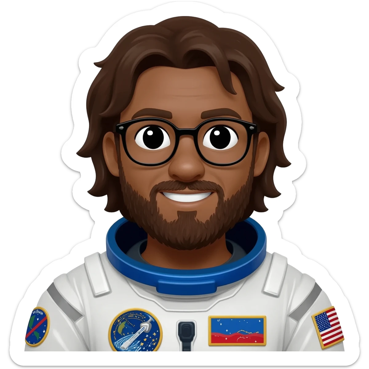 astronaut brown skin, black eyes, glasses and beard smiling a bit long hair sticker