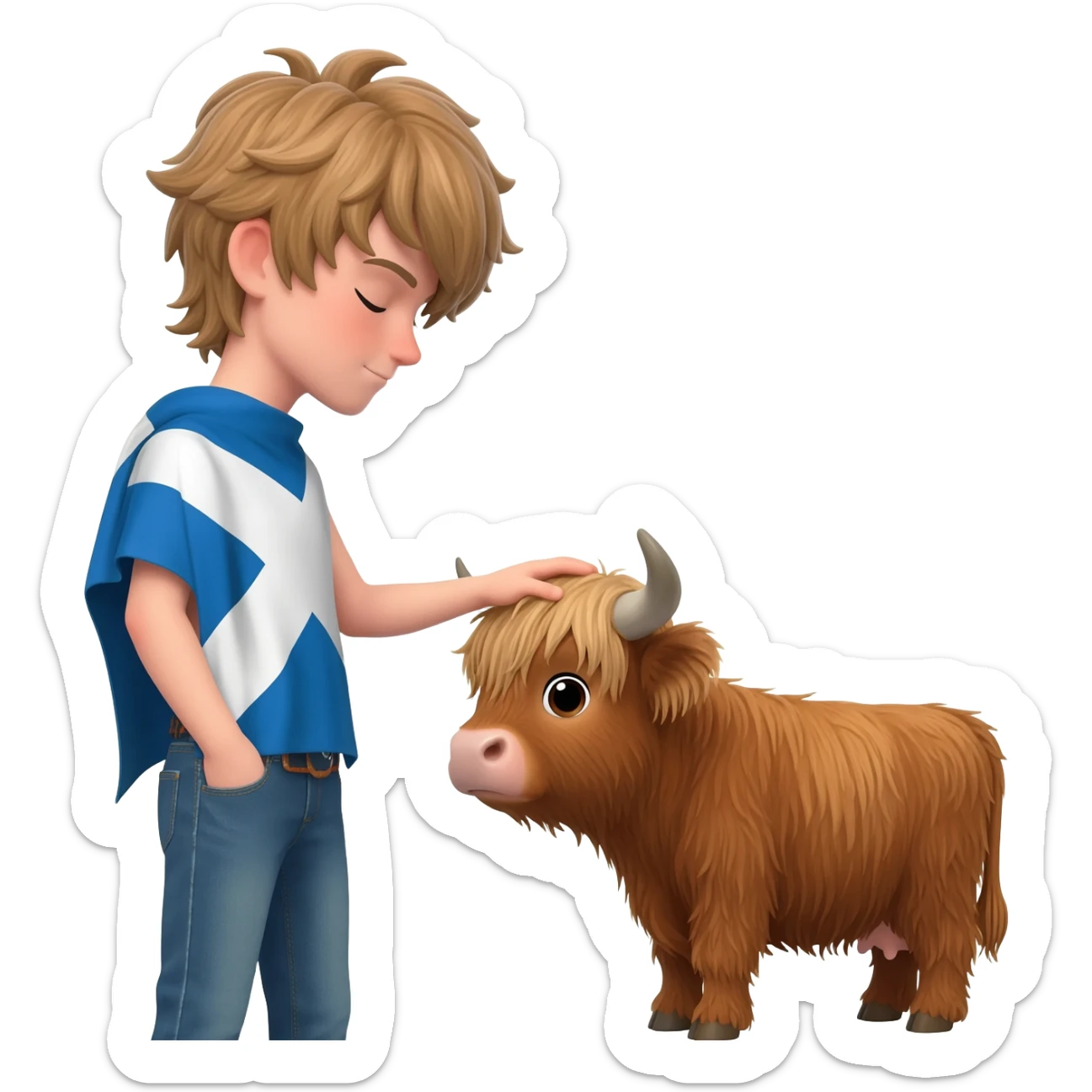 femboy with messy light brown bangs covering the eyes with scottish flag on his shoulders pets a cute highland cow sticker