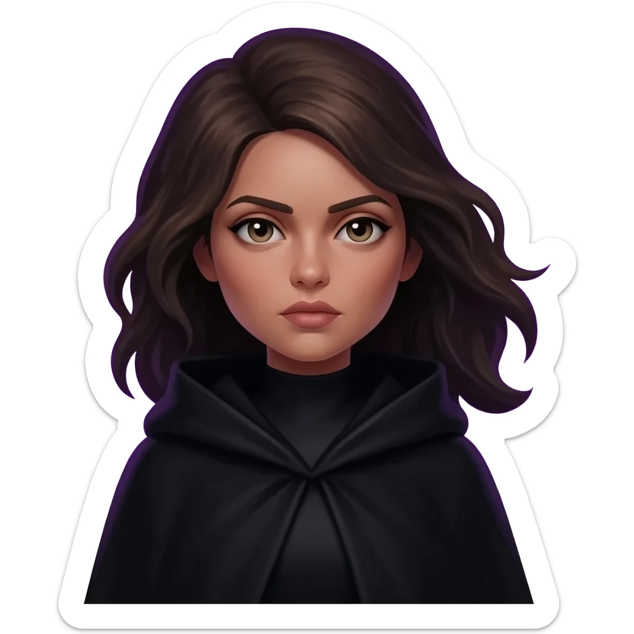 Black cloak with purple aura and boundaries female full body open hair intense sticker