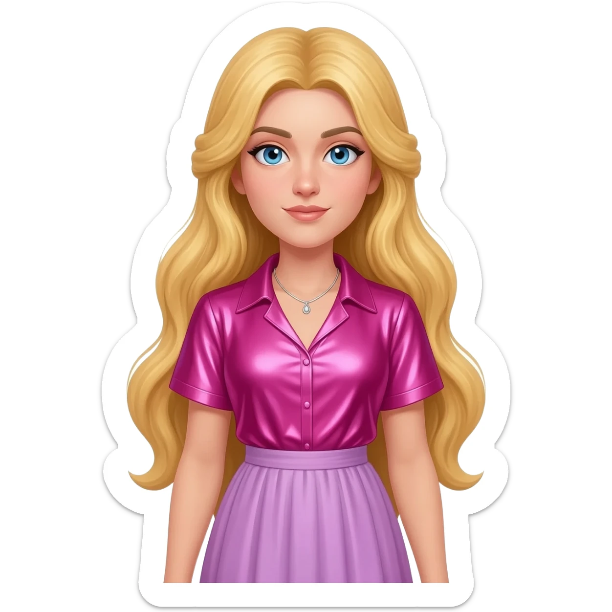 Aphrodite from Greek Mythology with blue eyes, long blonde hair, hot pink metallic sweetheart shirt, lavender pink long skirt, silver necklace sticker
