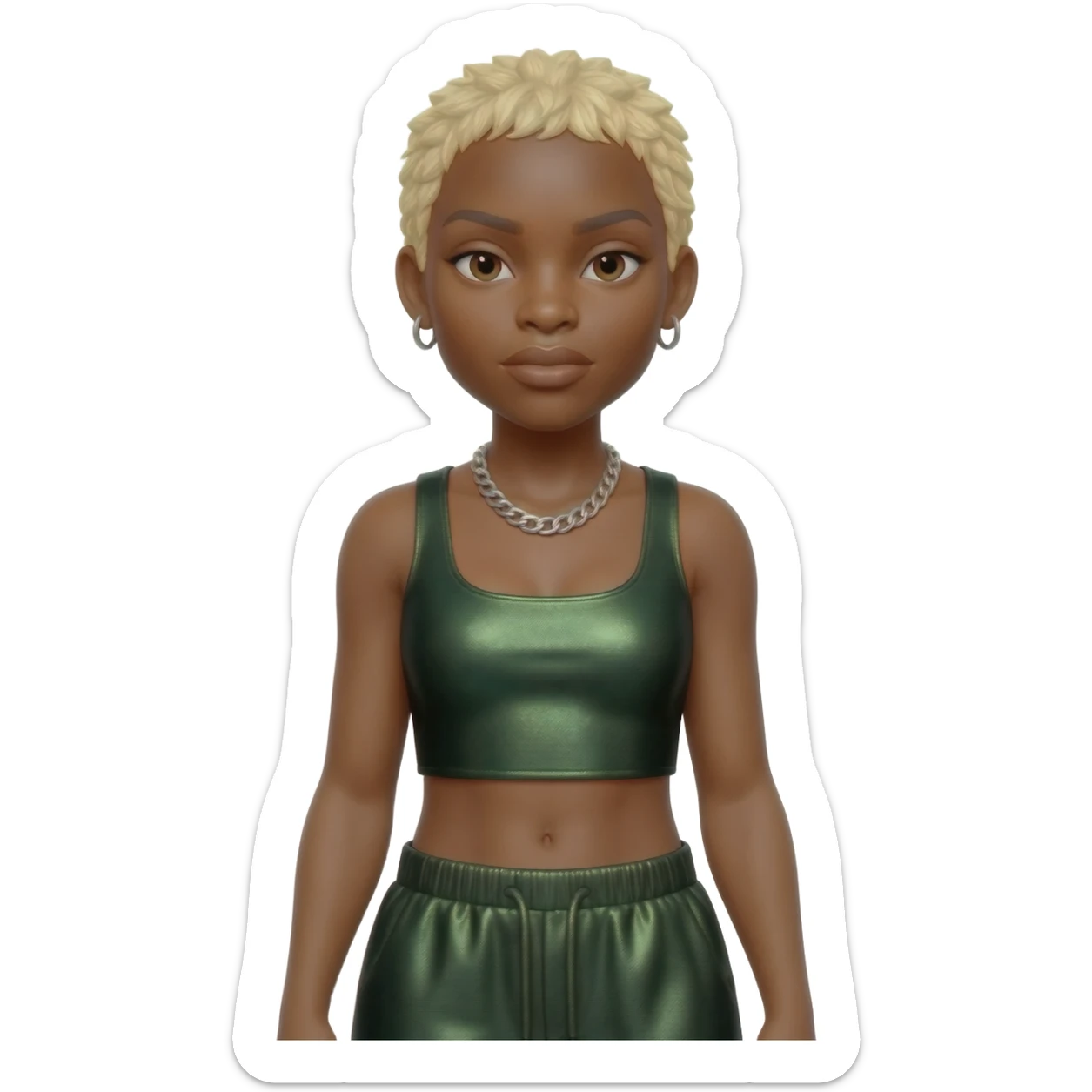 Cynthia Erivo with blonde short hair, dark green metallic crop top, dark green metallic baggy pants, silver necklace sticker