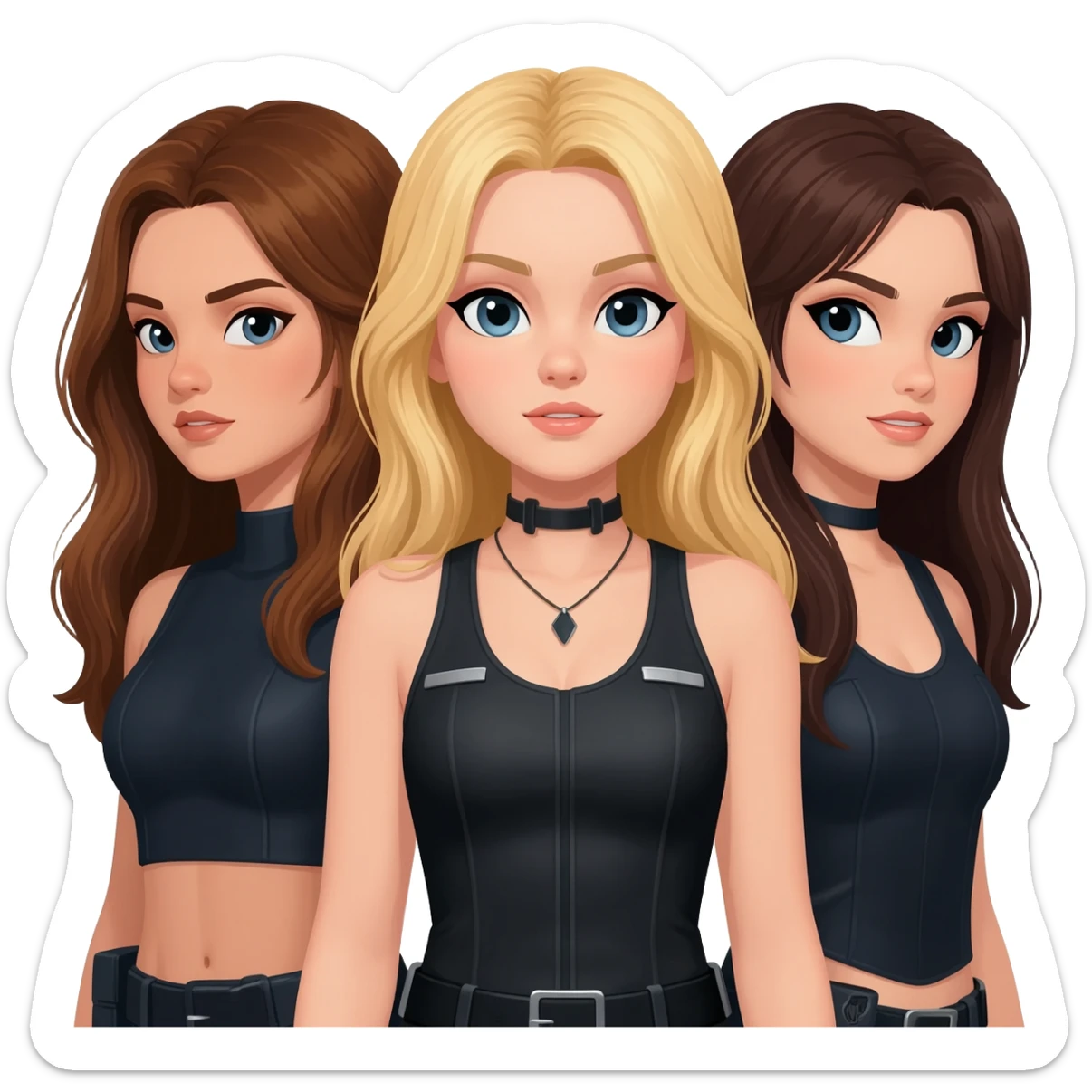 generate three spy girls, a brunette one with long hair, a blond one with long hair and a dark brown long hair sticker