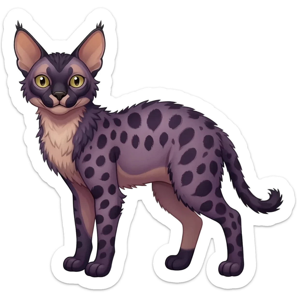 A Colorful  exotic tropical tribal cute happy realistic esoteric patterned fluffy furry dark caracal-Lykoi-bobcat-sphynx-genet-serval-Fakémon-fursona-hybrid-fusion-animal-creature, full body, 4-legged sticker