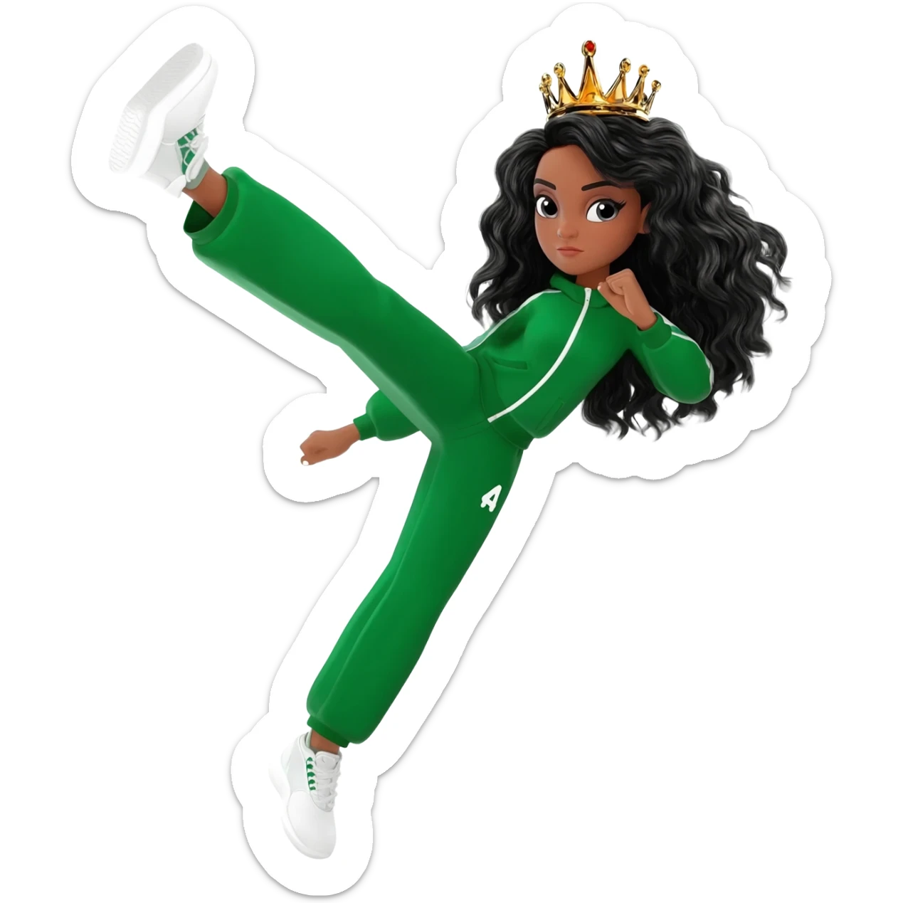 White curvy female with super wavy black hair wearing a crown and doing a high kick wearing a green track suit sticker