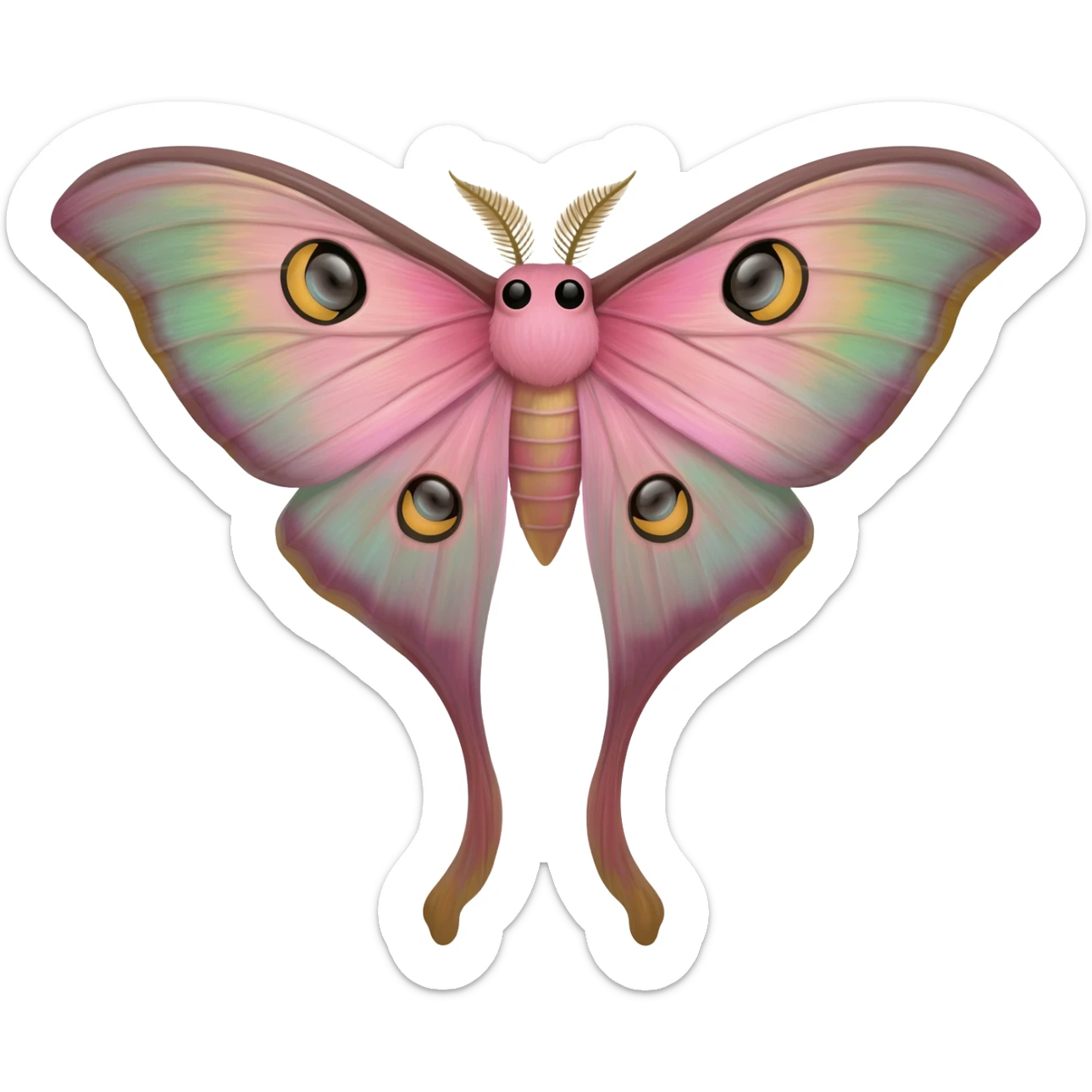mainly light pink and green hybrid luna moth, detailed wings, long tendril like lower wings, and cute eyes on face sticker