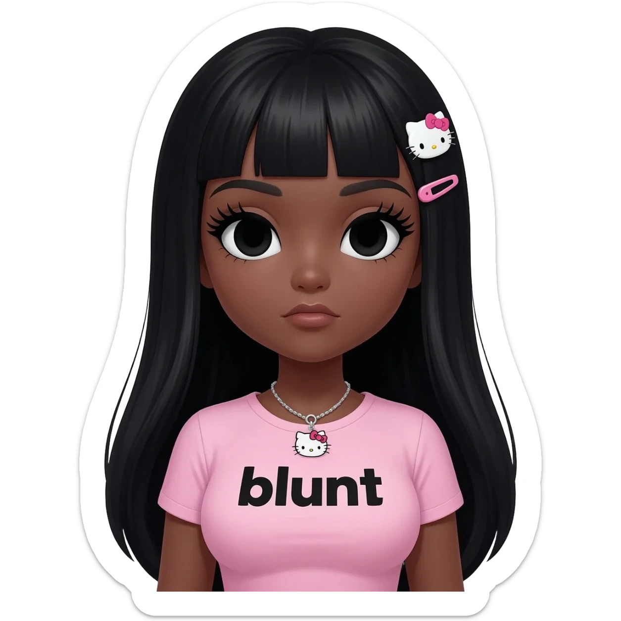 Long giant lashes, my melody hairclip, Doll faced shaped, hello kitty necklace, bimbo, black doll eyes, barbie, dark brown skin with long black hair, light pink bimbo shirt says "blunt" , big breast sticker