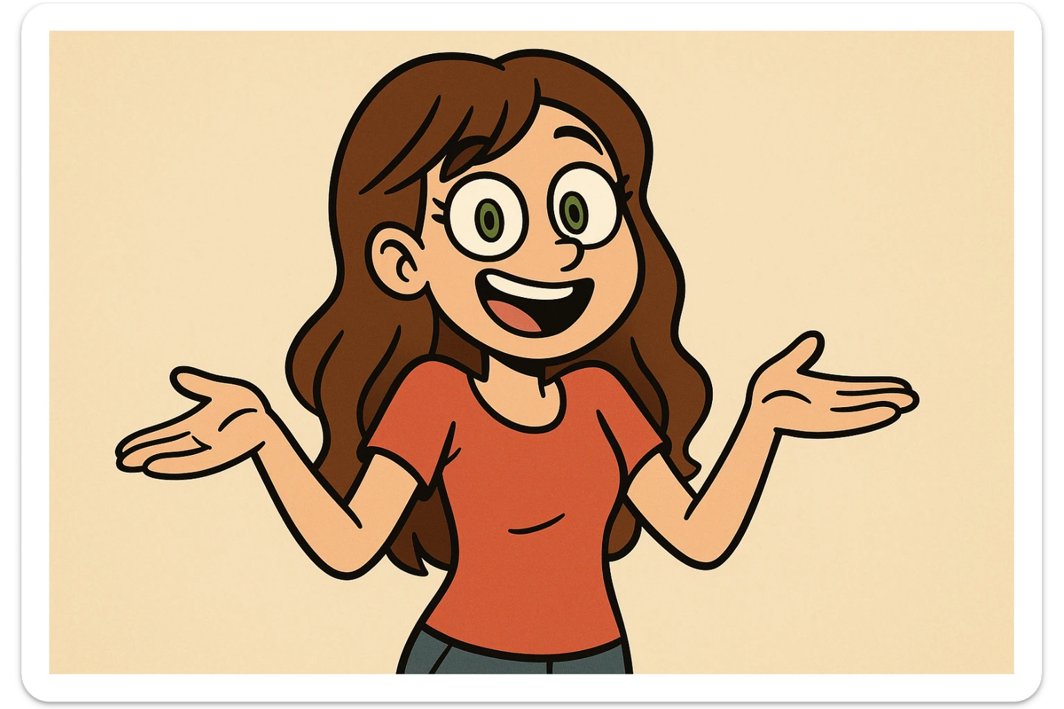 cartoon girl with long brown wavy hair, green eyes, shrugging, cheerful expression, upper body, simple background sticker