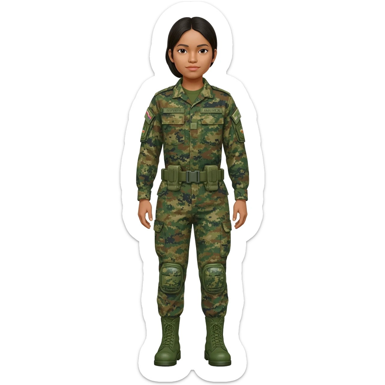 Filipino female army soldier bdu camo with green combat boots without plate carrier and without wear belt without knee pads long sleeve sticker