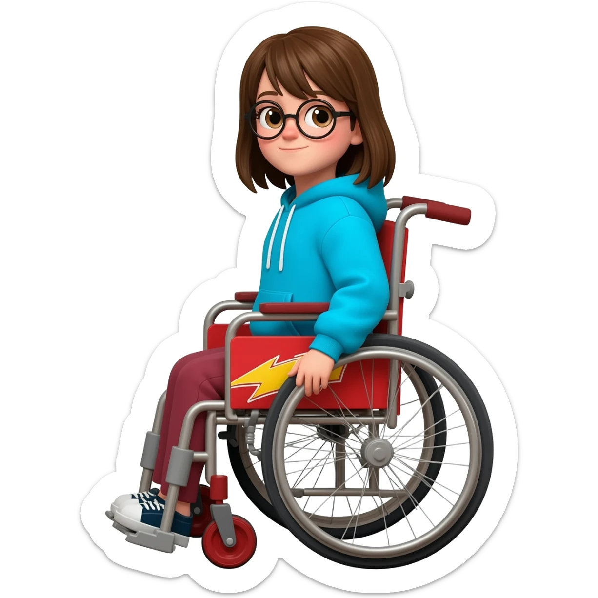 Brown hair girl with circle glasses in a rayo McQueen wheelchair, the wheelchair funnier, more similar to rayo mqeen sticker