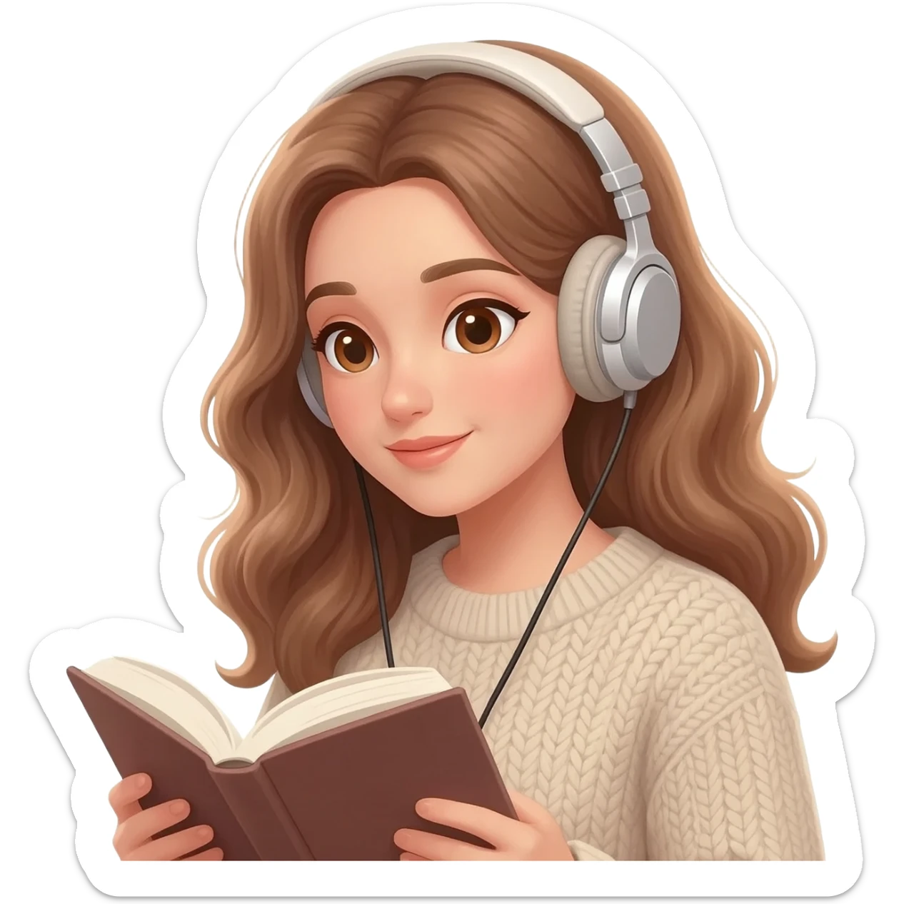 emoji a woman with long light brown wavy hair and light brown eyes reading a book, wearing headphones sticker