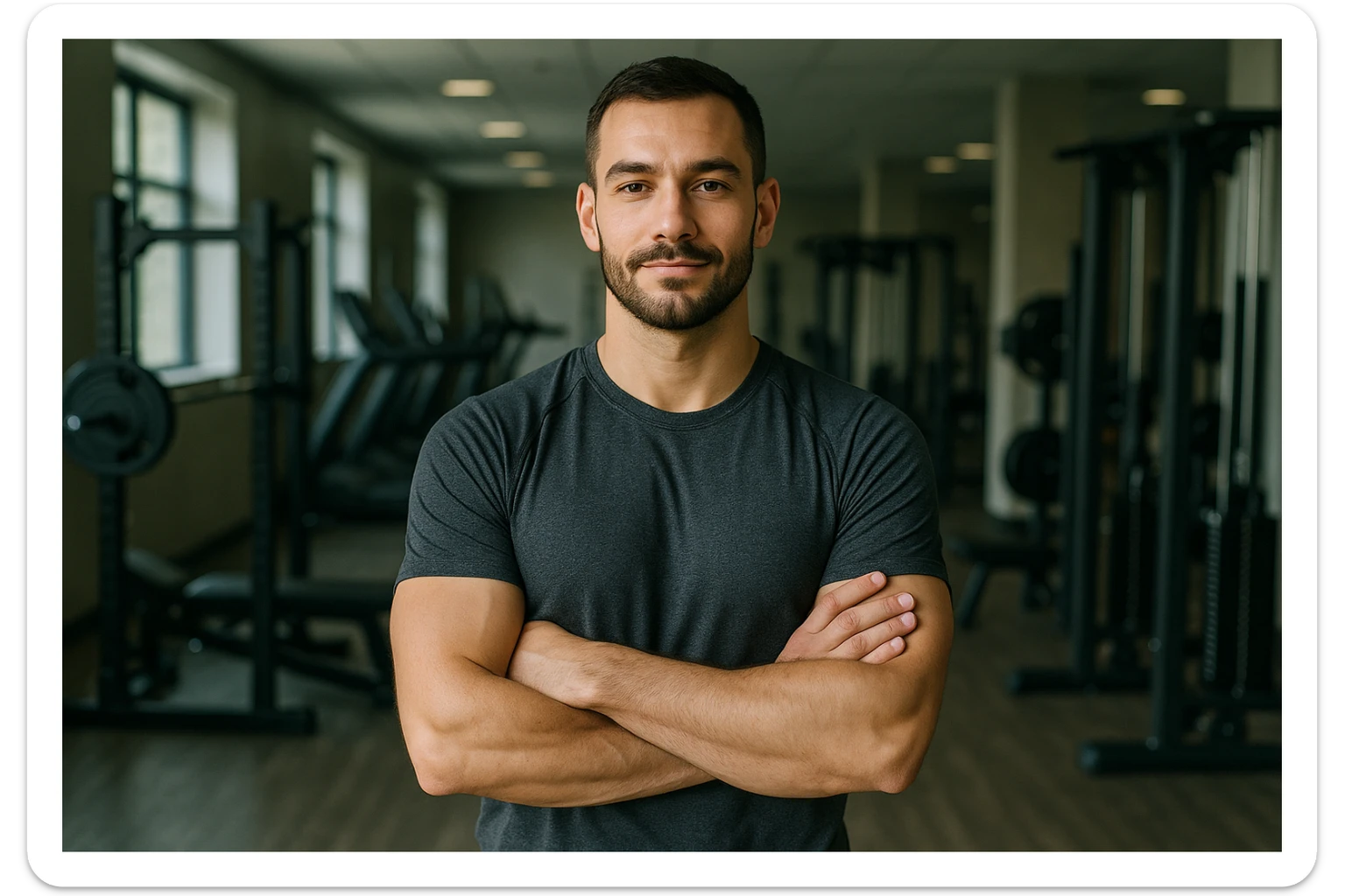 uomo sicuro di sè a braccia conserte, ben allenato e sereno, sullo sfondo una palestra sticker