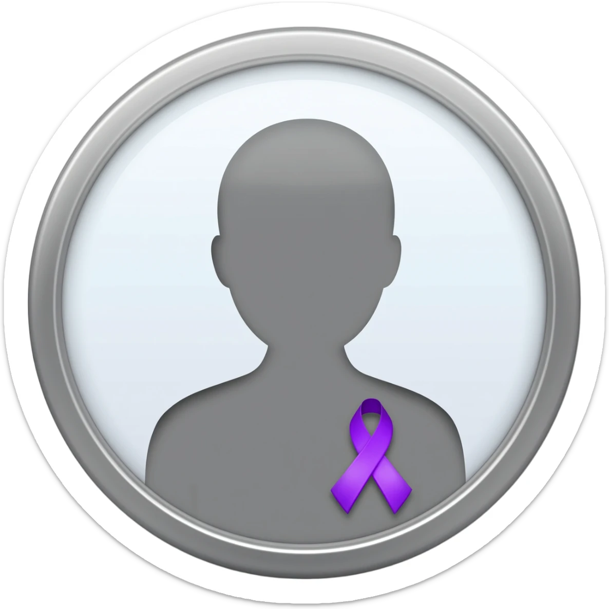 Apple iOS–style 3D emoji: round silver mirror, front view. In reflection, neutral silhouette with little violet awareness ribbon (classic looped cause-support ribbon) on chest, only visible in reflection. White background, soft shadow. sticker