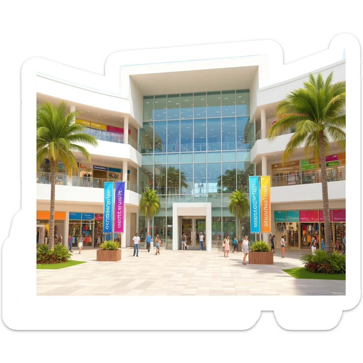 A modern shopping mall with large glass windows, sleek white and beige exterior, multiple floors visible, palm trees outside, colourful banners, busy entrance with shoppers, sunlight reflecting off the building, tropical, clean, inviting, vibrant, slightly cartoonish style sticker