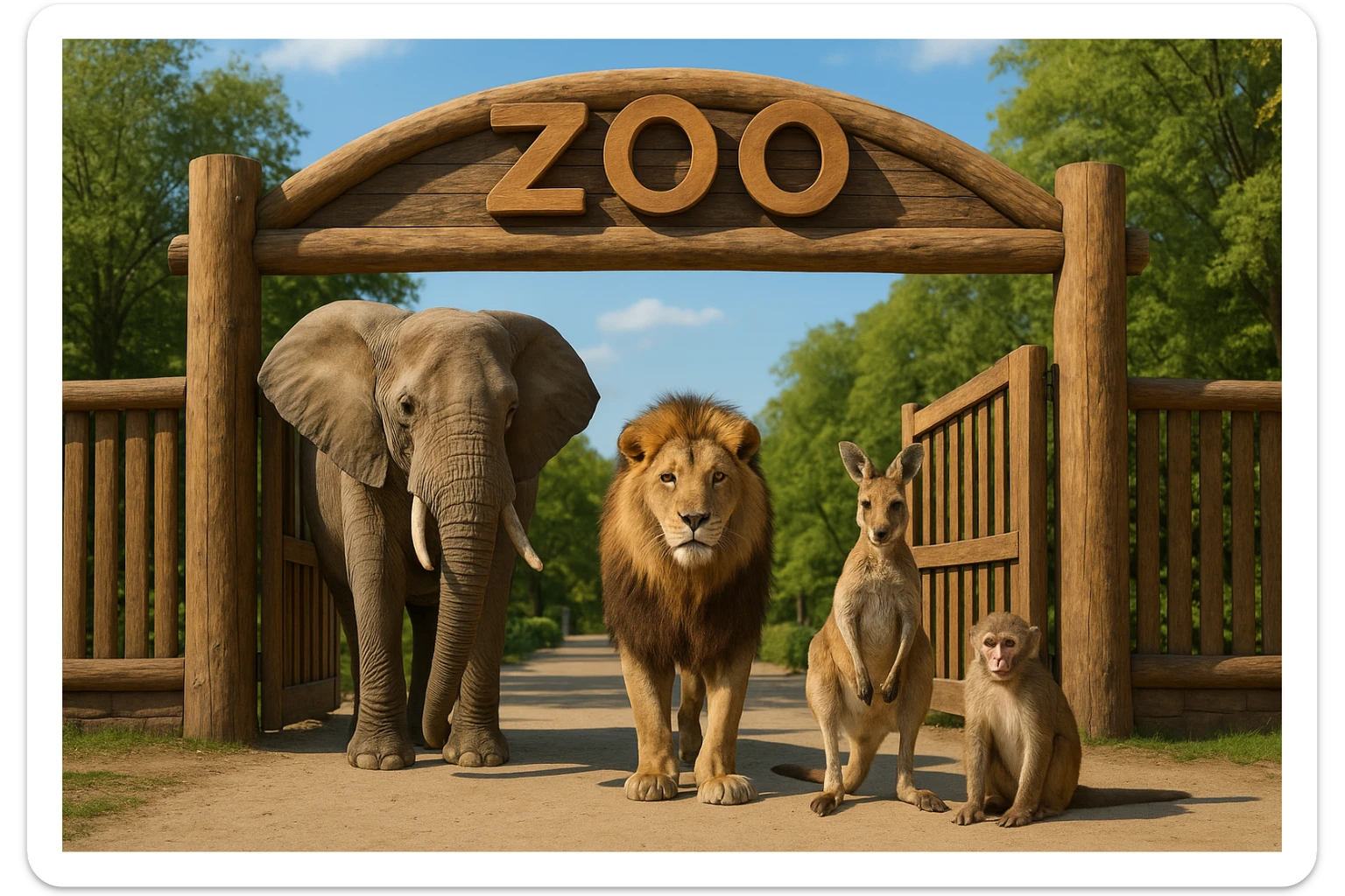 zoo entrance made of wood with the word 'zoo' on it, four realistic animals: elephant, lion, kangaroo, monkey standing by the open gates, animals look like real animals, not stylized or cartoonish sticker