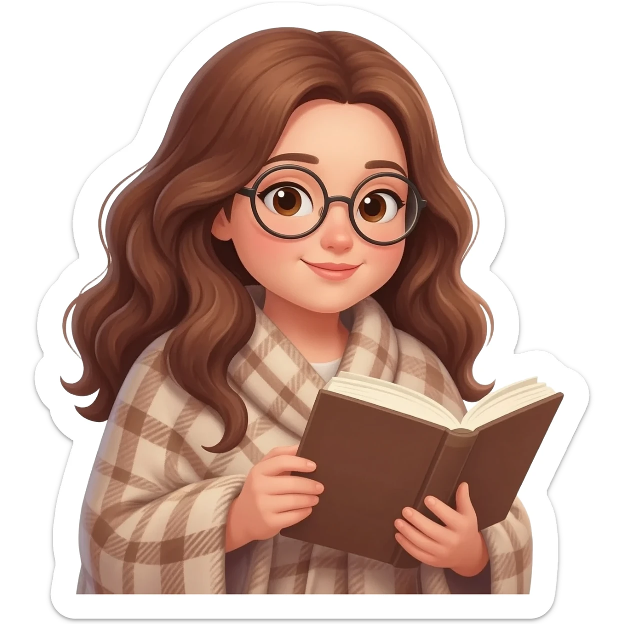detailed emoji illustration of a curvy woman with long chestnut brown wavy hair, light brown eyes and round glasses, wrapped in a cozy plaid blanket and reading a book, calm peaceful expression, soft warm lighting, cute emoji style sticker