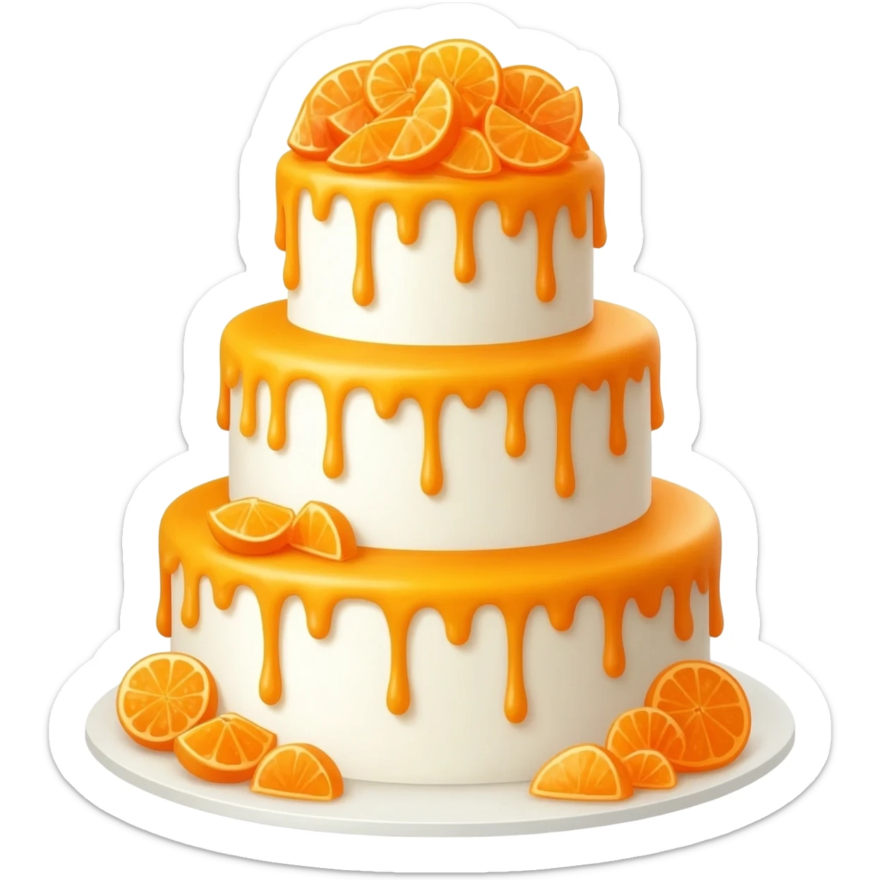 Elegant white wedding tiered caked decorated with candied oranges dripping orange icing sticker