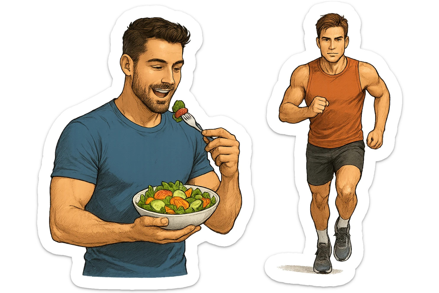 UOMO FITNESS CHE MANGIA INSALATA ACCANTO A UOMO FITNESS CHE CORRE IN POSA FRONTALE sticker