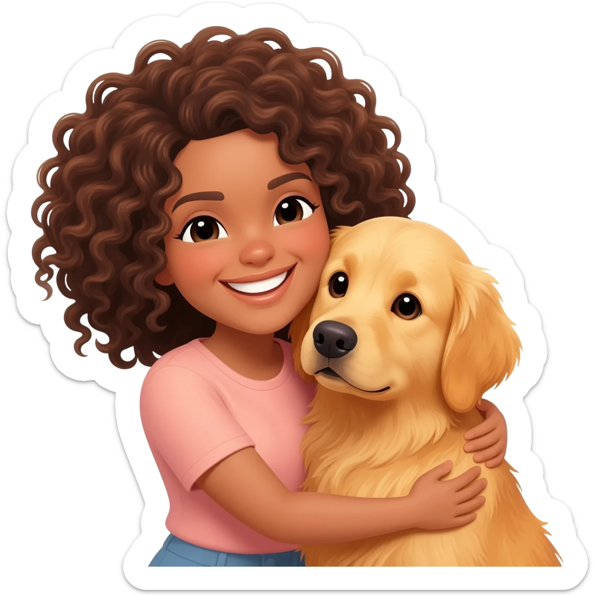 woman using tight brownhair is hugging a golden retriever dog sticker
