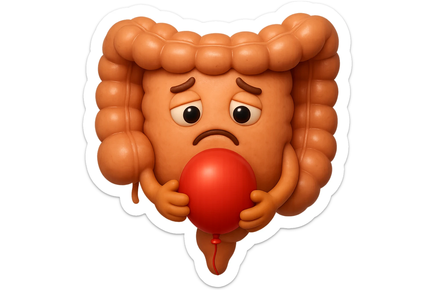 EMOJI STILE IPHONE DI un intestino triste con palloncino rosso sulla pancia, IPERREALISTICO 4K sticker