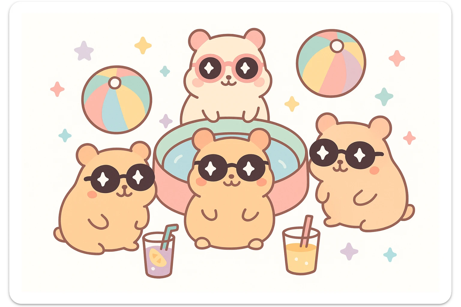 hamsters in sunglasses at a pool party, with colorful beach balls and drinks, fun and festive atmosphere sticker