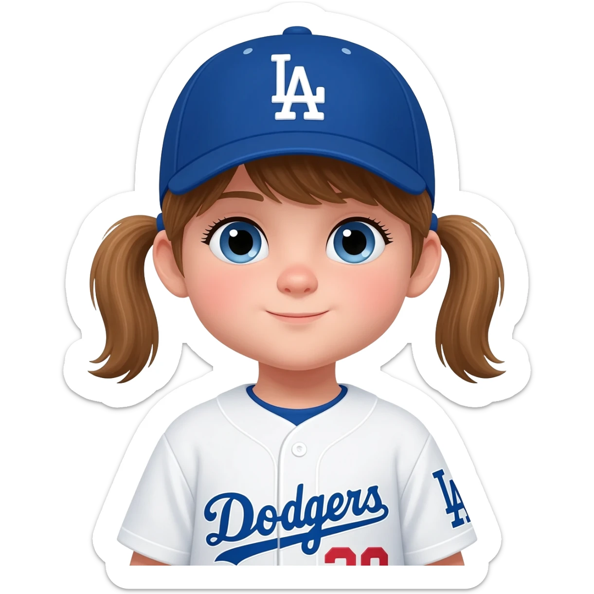 toddler girl in a white dodgers uniform with baseball cap with light brown pigtails and blue eyes sticker