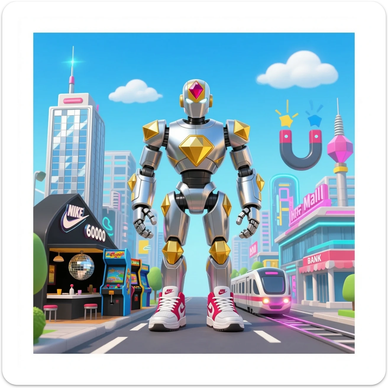 Futuristic turbo neon super robot metal  golden diamond Ruby 6000 Nike shoes hotel super 50000 metallic silver mirror basic black restaurant disco ball arcade playground lucky machine turbo max level inf mall bank light magnet magic city train sticker