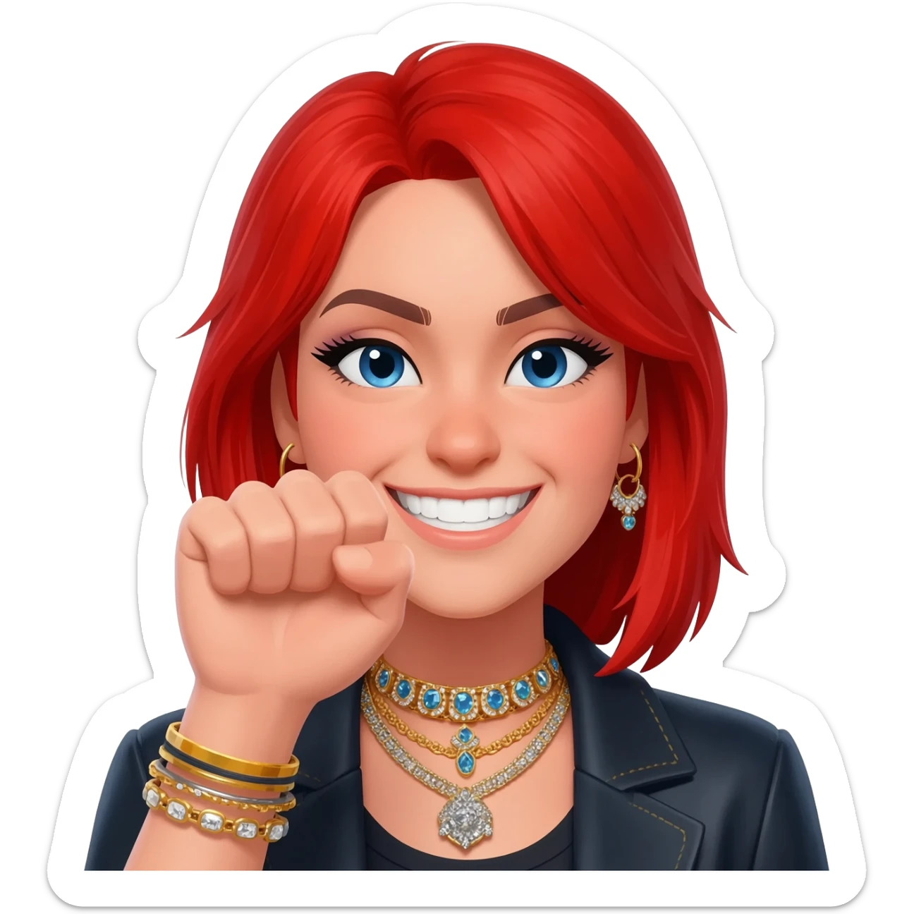 Not showing finger but fist on mouth and blowed mouth....she is red hair and tacky jewellery and cool....the hand is on her mouth and she is smirking and sticker