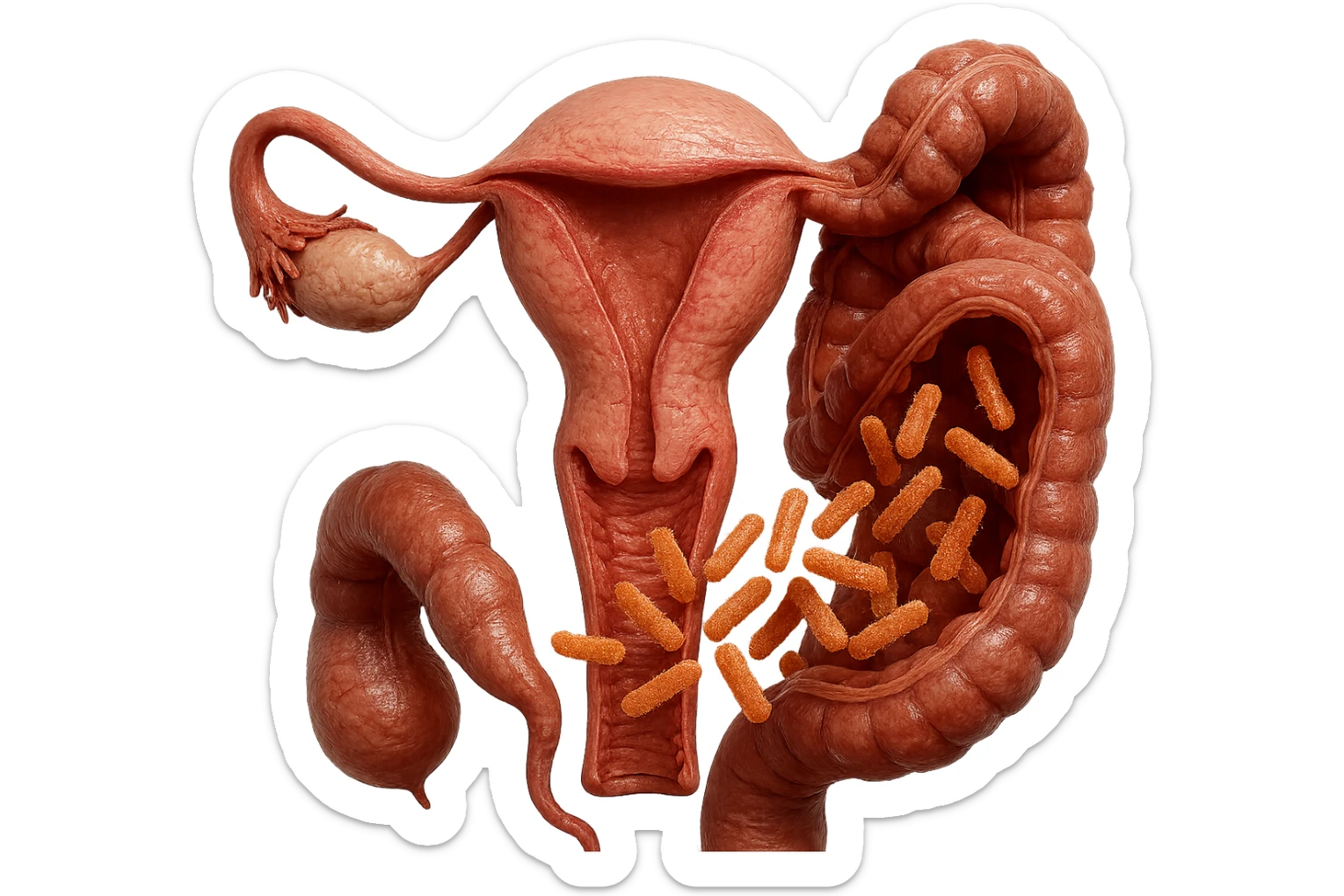 UTERO UMANO E INTESTINO ANATOMICI REALISTICO CON BATTERI CHE ESCONO DALL'INTERNO, IPERREALISTICO 4K sticker