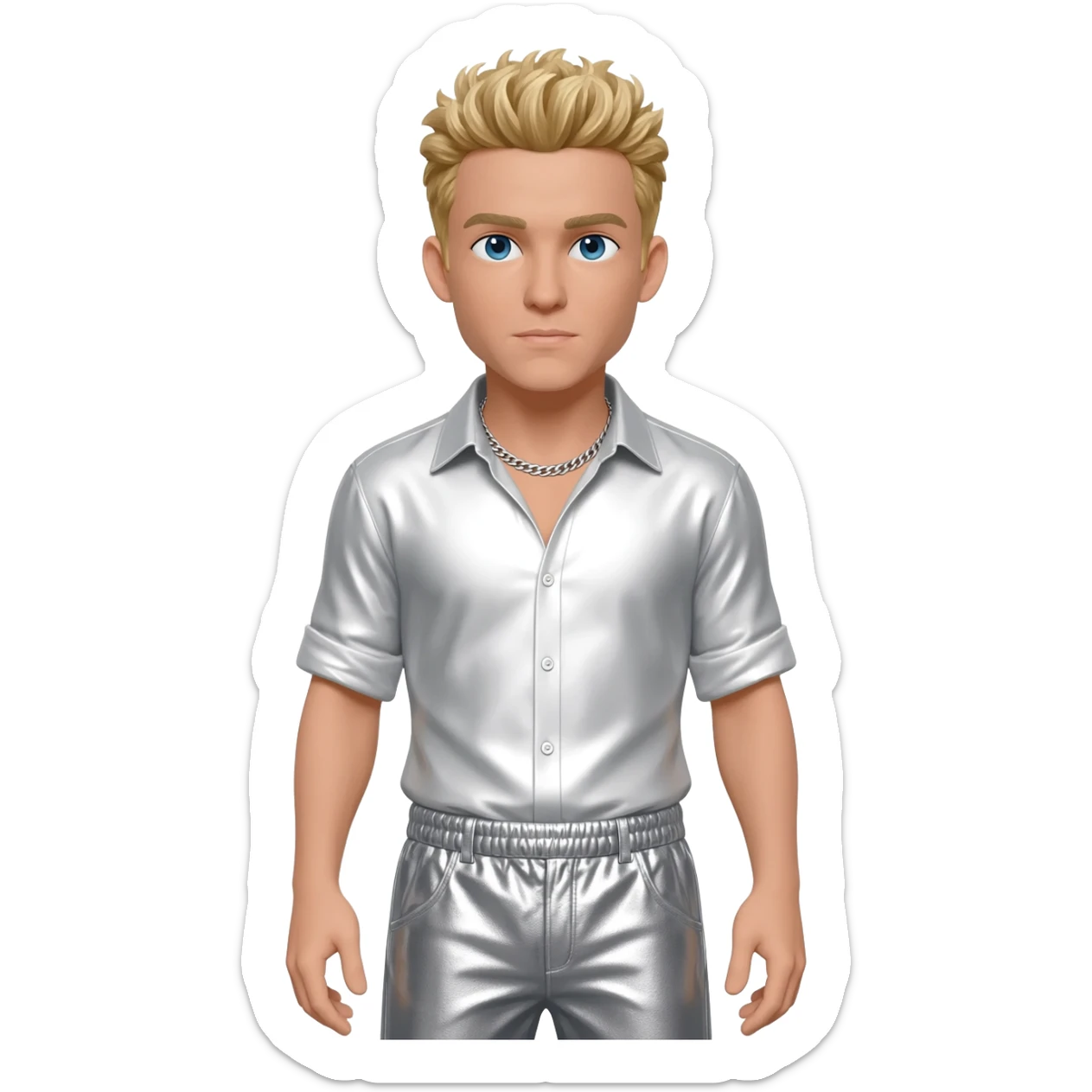 Nick Carter from Backstreet Boys with blue eyes, blonde hair, white metallic shirt, white metallic baggy pants, silver necklace sticker