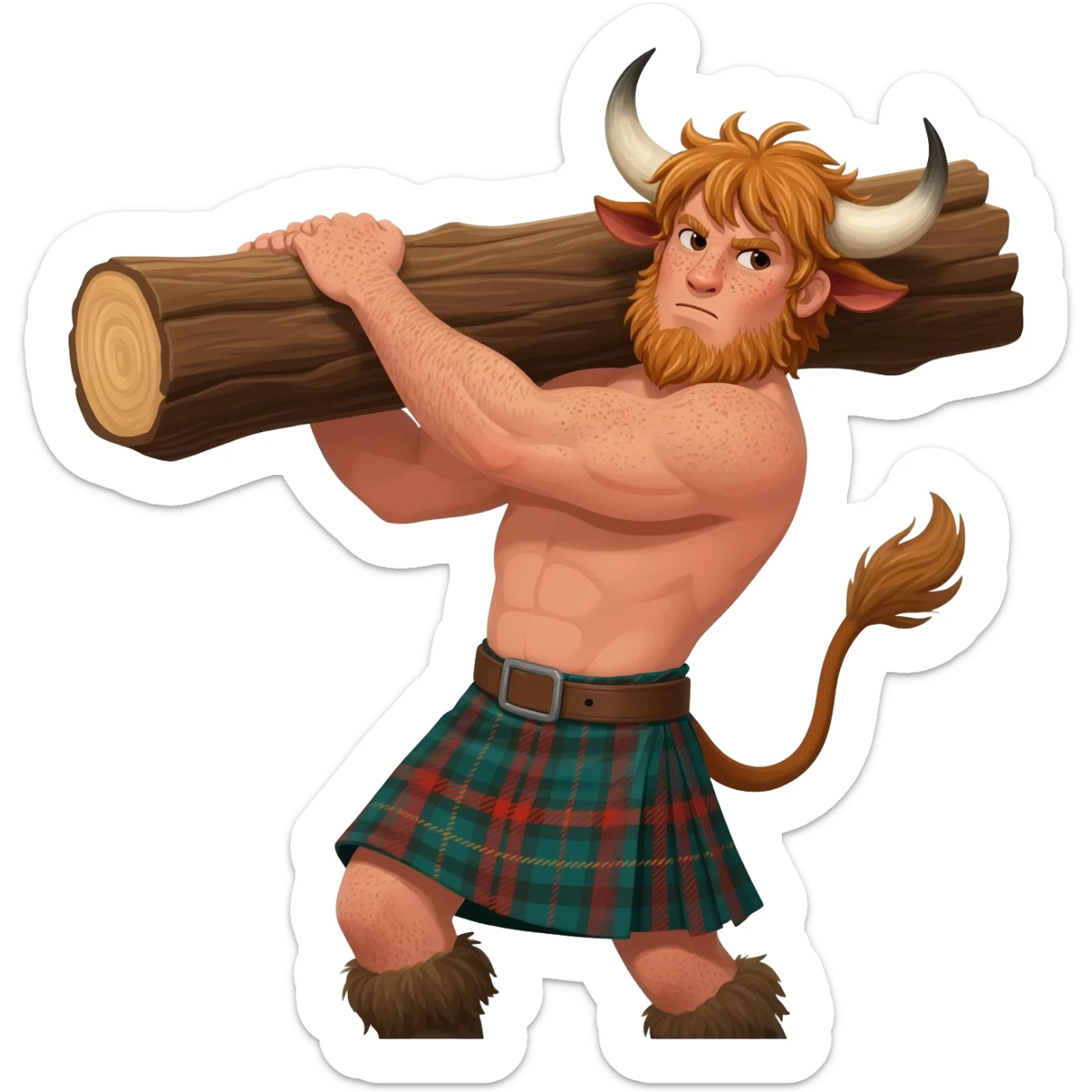 buff curly hairy man with freckles with messy light brown bangs that covers his face with bull horns and bull ears and bull tail dressed in kilt lifting large log with wind in his hair with belt around his chest sticker