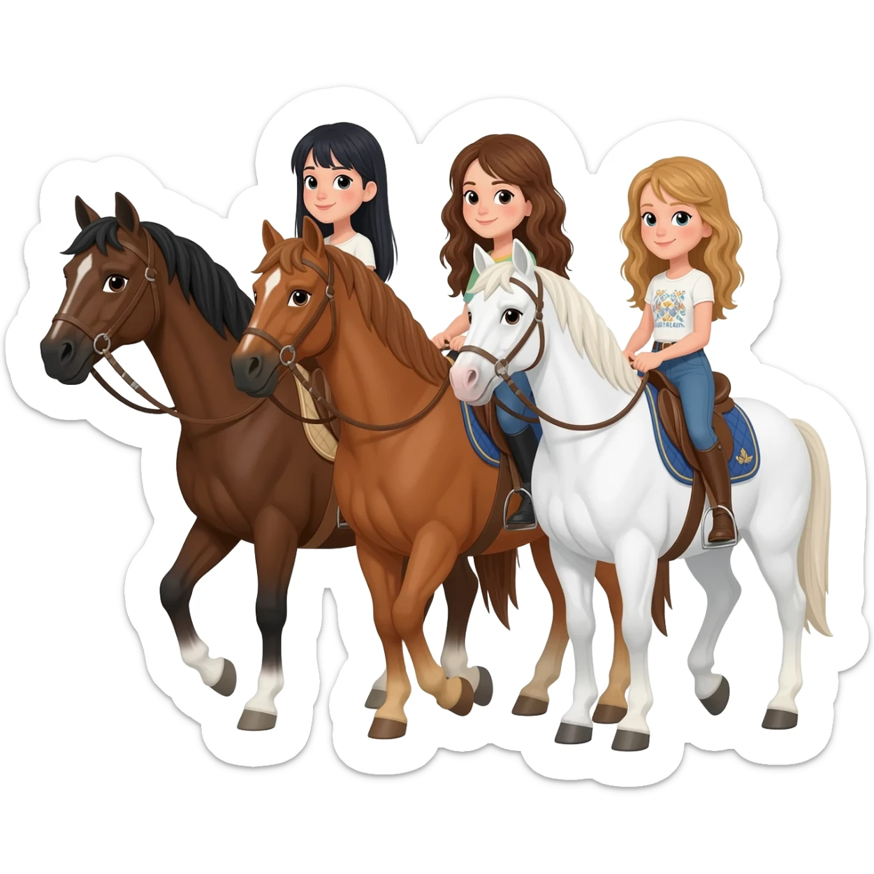 Three horses white bay and sorrel with three riders on the bay horse a girl with dark straight hair on the sorrel horse a girl with wavy brown hair and on the white horse a girl with sandy hair sticker