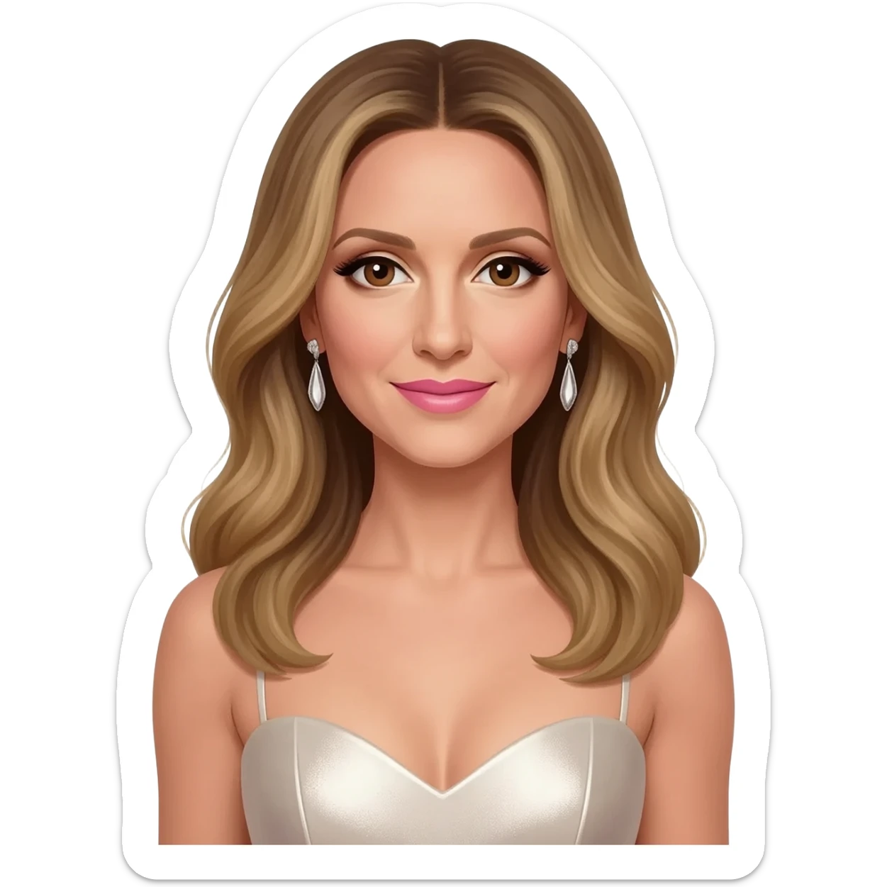 Celine Dion with brown eyes, ivory eyeshadow, pink lipstick, long dark blonde hair, ivory metallic sweetheart dress, silver earrings sticker