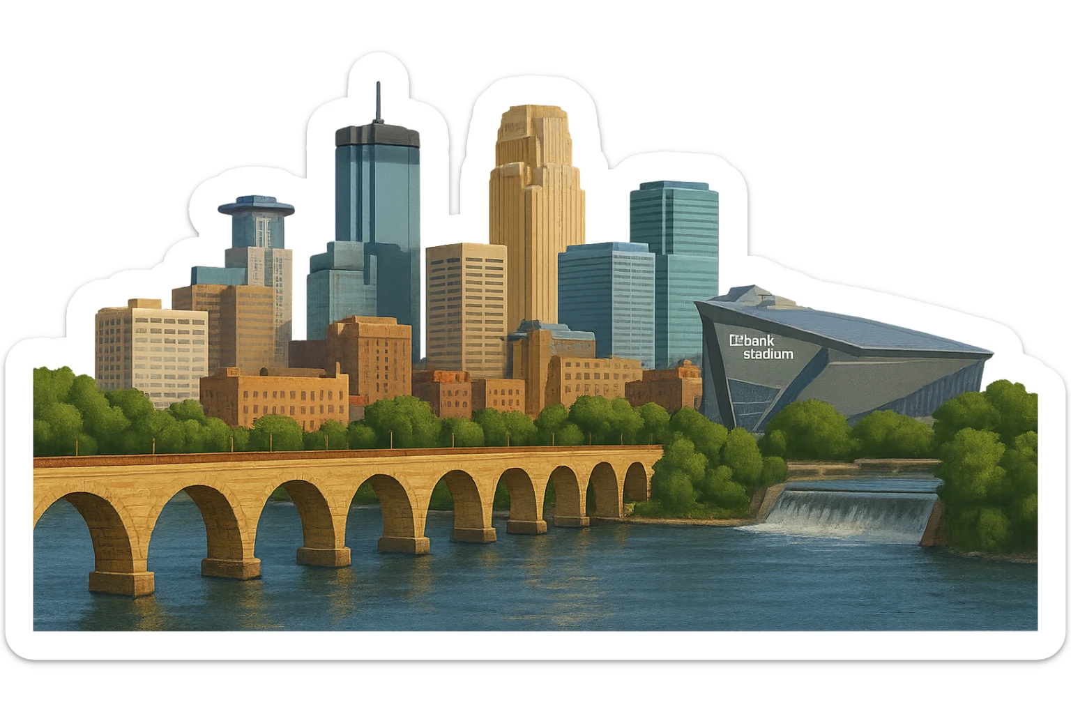 cinematic realistic emoji of Minneapolis wide city view with iconic landmarks Stone Arch Bridge IDS Center US Bank Stadium Mississippi River lifelike detail accurate colors bright daytime lighting no sky no clouds no city name label transparent background sticker
