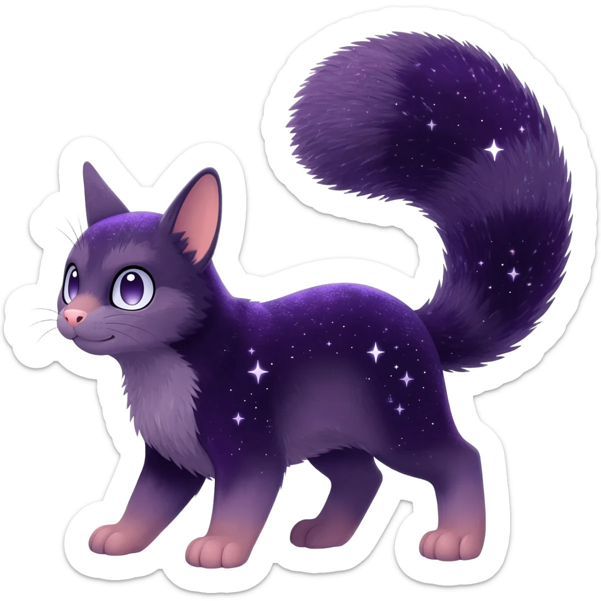 Hyper realistic  midnight-violet velvet fur soaked in starlight glitter and shadow gradients beautiful elegant pretty precious cute  Fakémon-Pokémon-opossum-feline-serval-caracal-chinchilla-Furret-Minccino-hybrid-creature with a big fluffy bushy tail (full body) sticker