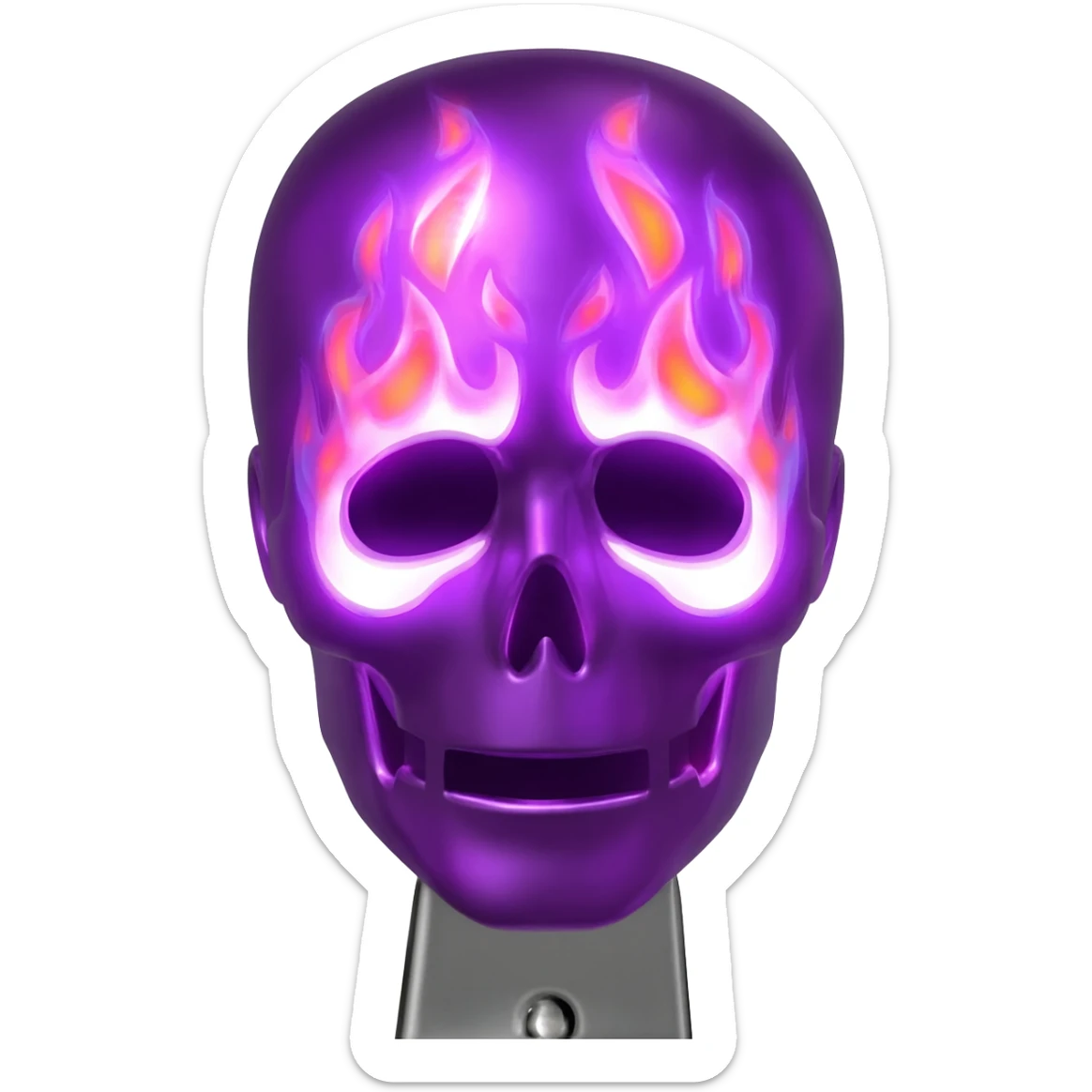 A purple shiny with a purple flame head no eyes and holding a small knife just the head . sticker