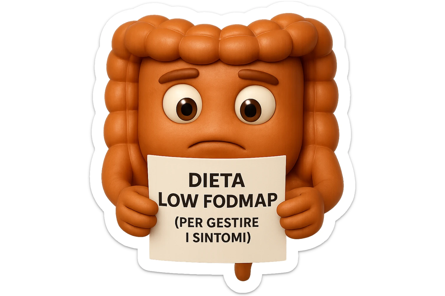 EMOJI STILE IPHONE DI UN INTESTINO UMANO ANATOMICO CHE GUARDA UN FOGLIO CON LA SCRITTA "DIETA LOW FODMAP (PER GESTIRE I SINTOMI)", FAGLI ANCHE LA PARTE BIANCA DEGLI OCCHI, NON SOLO LE PUPILLE, IPERREALISTICO 4K sticker