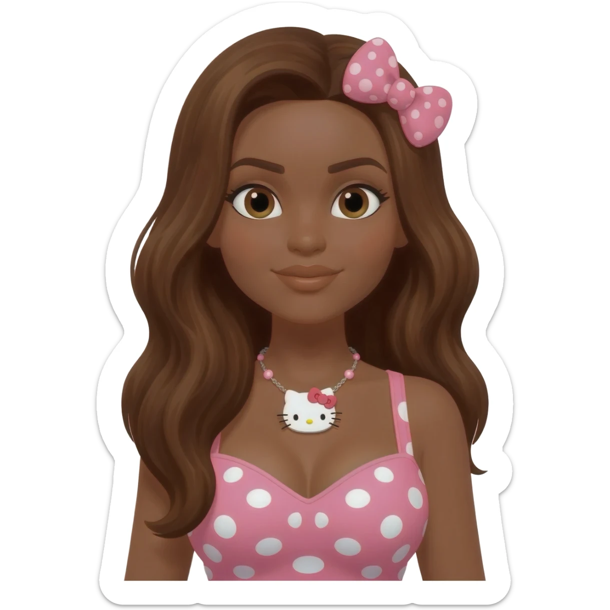 dark brown skin, long brown hair, big chest, hello kitty necklace, one bow clip, pink and white polkadot tops sticker