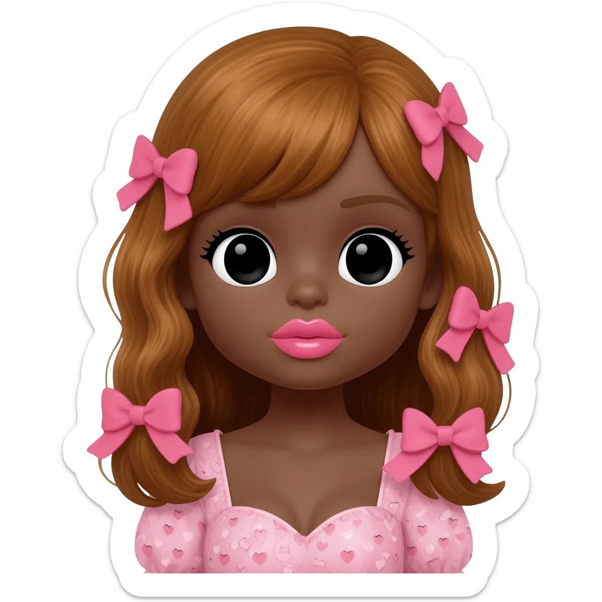 Doll, big chest, dark brown skin, honey brown hair, black cute eyes, pink bows with cute heart shaped lips sticker