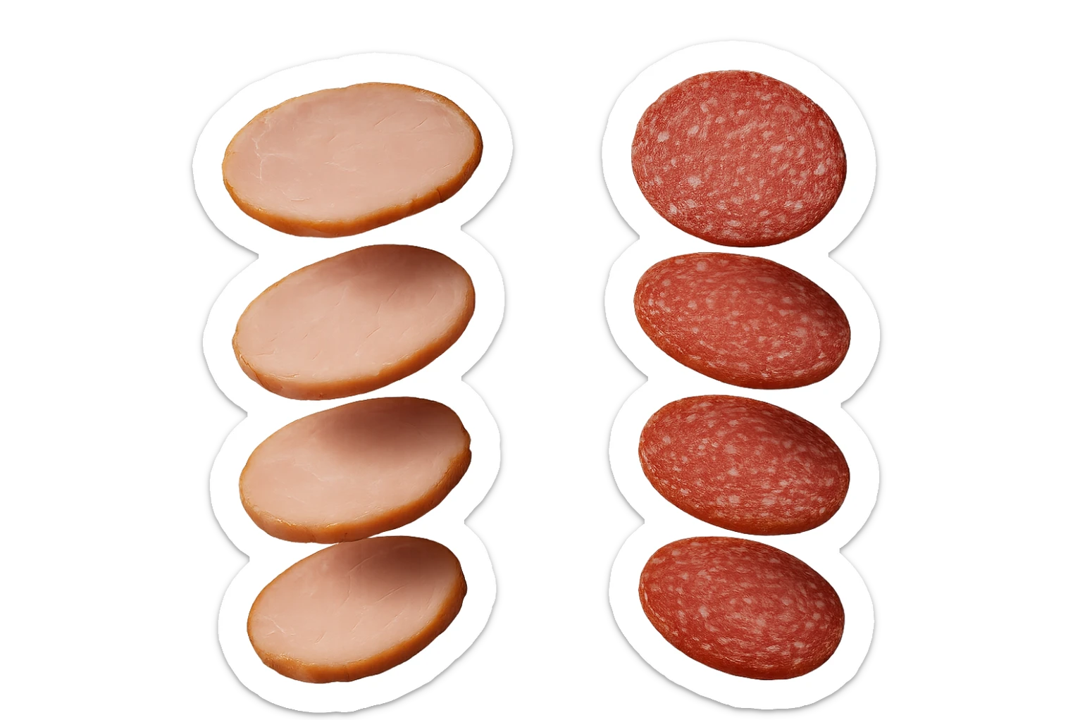 fettine di prosciutto cotto e di salame fluttuano in aria verticalmente, IPERREALISTICA 4K sticker