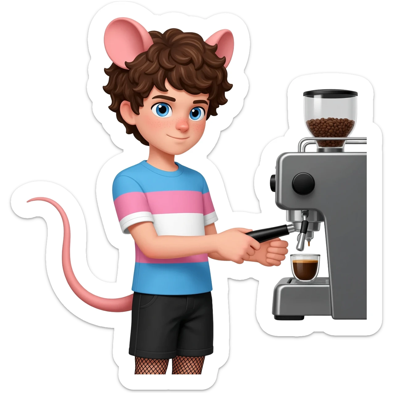 a white twink boy with blue eyes, short curly brown hairs and rat ears, he has a rat tail. he is dressed in a short shade of the color trans flag and short black shorts with mesh stockings. He is making coffee with professional coffee machine sticker