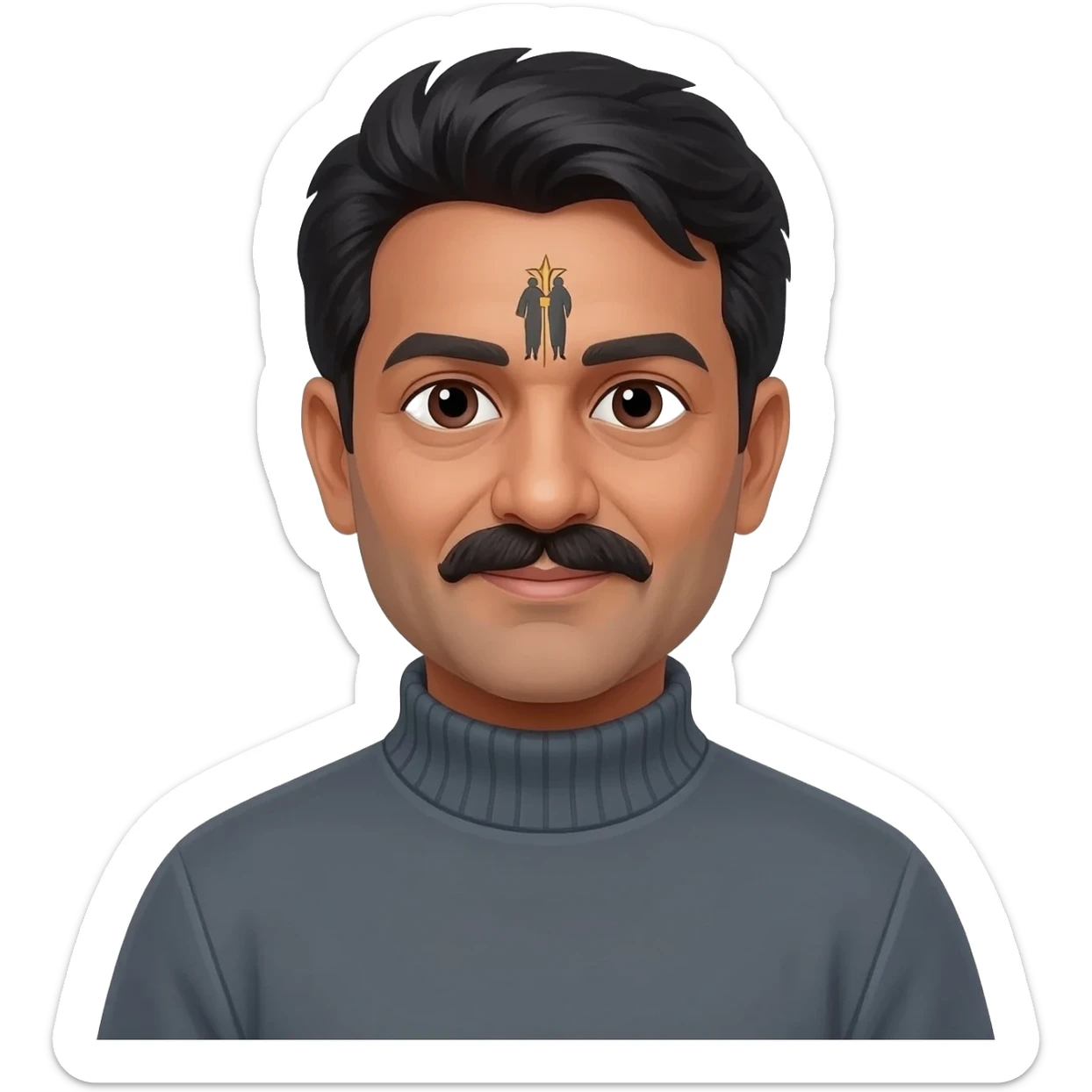 middle aged male indian primary school teacher without a moustache wearing a thick plain roller-neck jumper with a harry potter forehead mark sticker