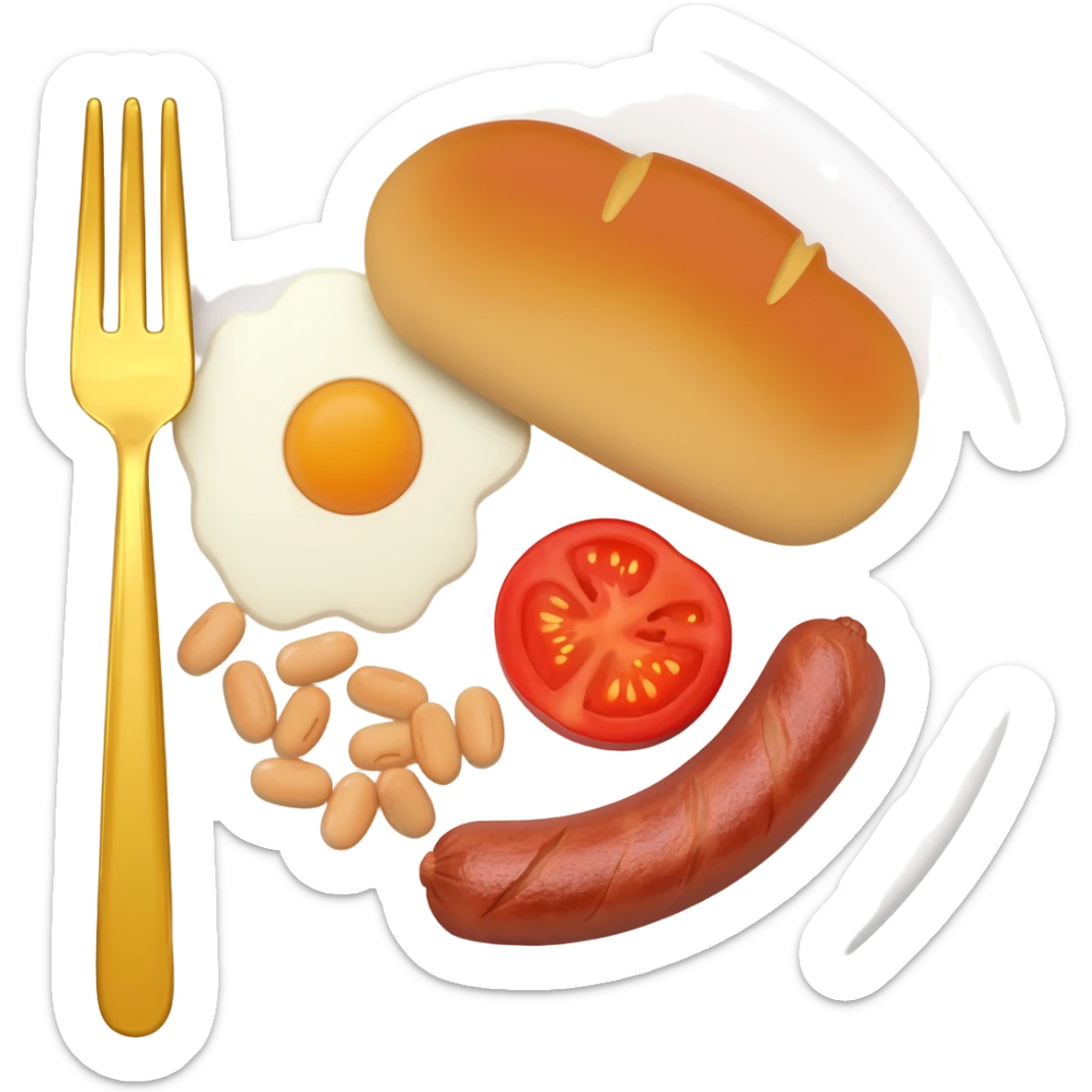 English breakfast full English breakfast with eggs, bacon, sausage, beans, toast, and tomato оn a beautiful white plate with a gold fork sticker