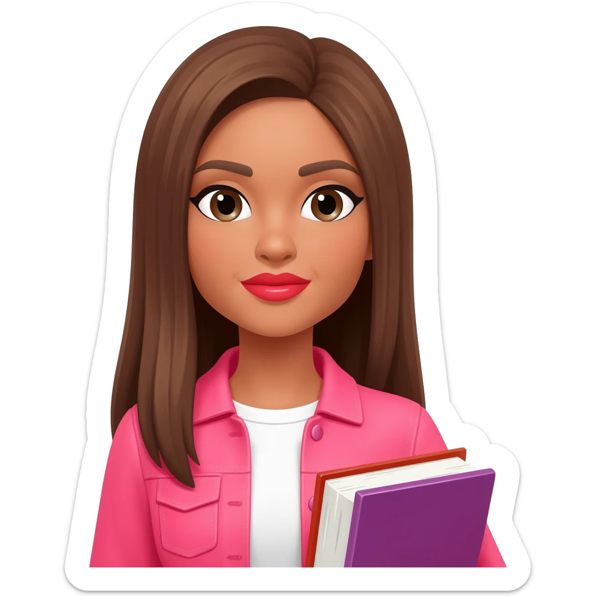 Create a woman with long straight brown hair, light brown skin, pink jacket and white shirt, red lipstick carrying books sticker