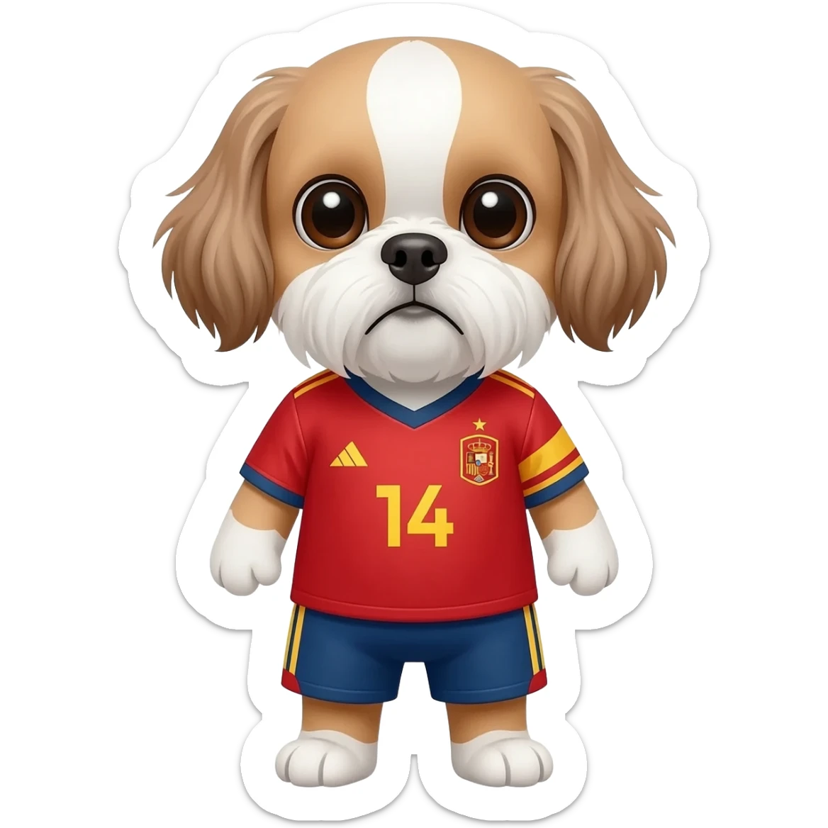 white and light brown shih zhu wearing a Spain soccer jersey v neck 2026 work cup sticker